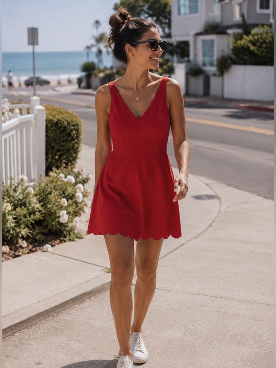 Dresses & Skirts - Red Athleisure Dress Mini Scalloped Hem Built In Bra Size L NWOT